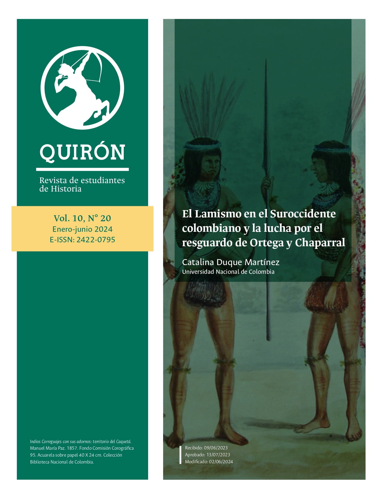 Indios Correguajes con sus adornos: territorio del Caquetá. Manuel María Paz. 1857. Fondo Comisión Corográfica 95. Acuarela sobre papel 40 X 24 cm. Colección Biblioteca Nacional de Colombia.